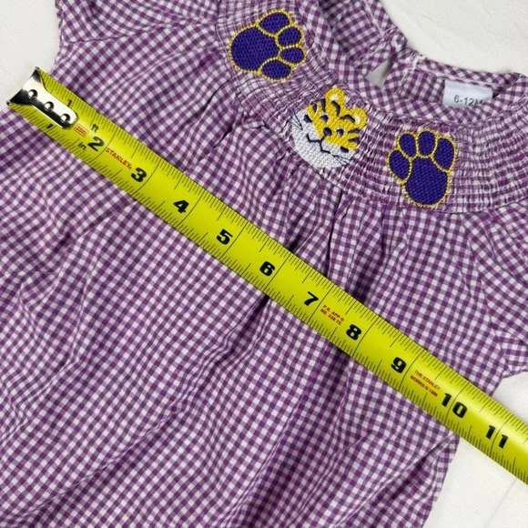 Unbranded Smocked Romper Baby 6-12M Purple Gingham Tiger Paw Print Kids EUC LSU - Picture 7 of 11